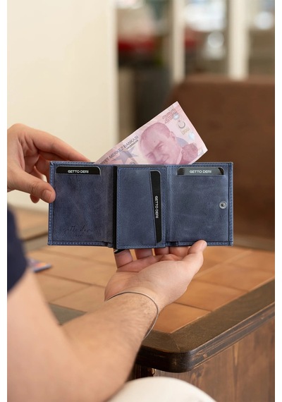 Getto Deri Prag Kişiye Özel İsim Baskılı Mekanizmalı Hakiki Deri Cüzdan Greyze Lacivert