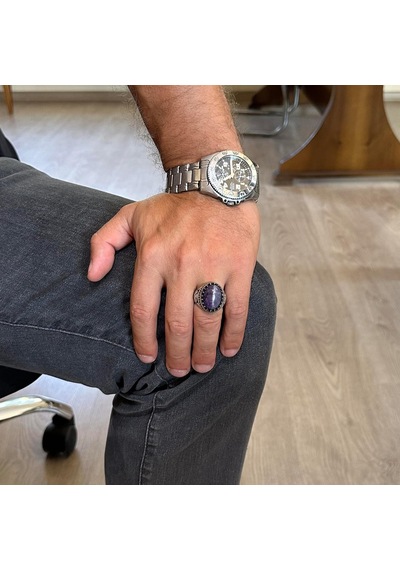Gerçek Doğal Taş Yüzük - El Yapımı Kartal Yüzüğü - 925 Ayar Gümüş Yüzük Ametist Gümüş