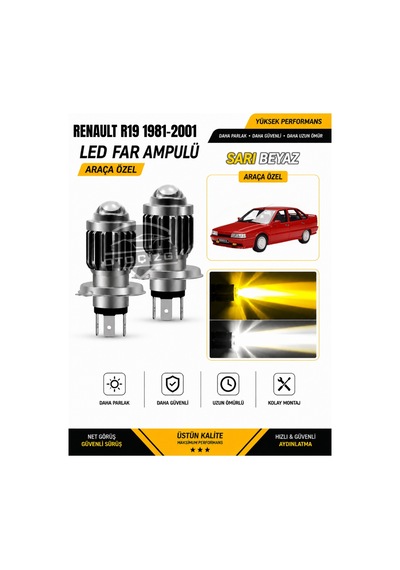 Renault R19 1981-2001 H4 Led Far Ampulü Sarı-beyaz Işık Canbus Mini Lensli 2'li Set