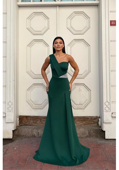 DefyModa Kadın El Emeği Tek Omuz Taş Detaylı Abiye Elbise Zümrüt