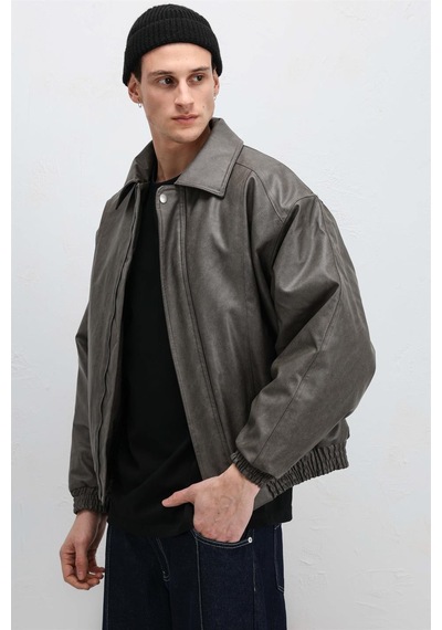 Vamos Oversize Deri Bomber Ceket Vizon