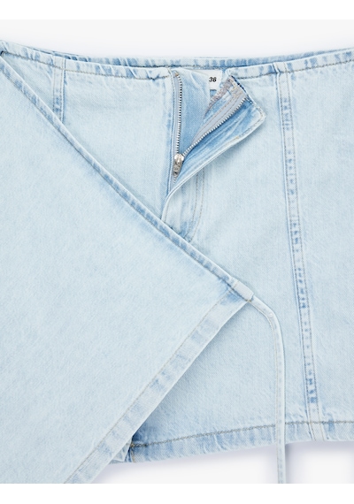 Koton Bağcık Detaylı Pamuklu Mini Denim Şort Etek Bleach 6sal40002md Açık Mavi