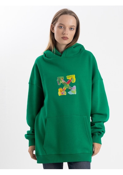 Unisex Ok Baskılı Kapşonlu Sweatshirt Yeşil