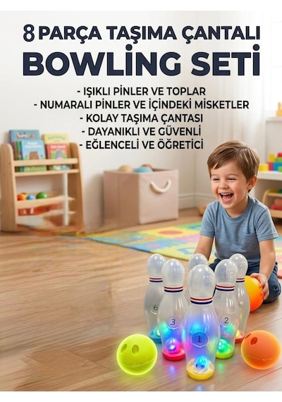 8 Parçalı Şeffaf Işıklı Ve Sesli 6'lı Labutlu 2 Toplu Taşıma Çantalı Oyuncak Bowling Seti