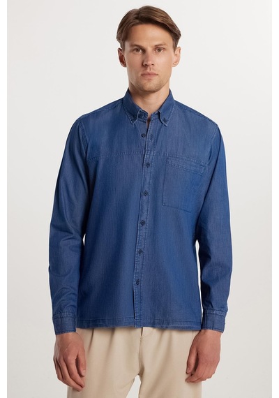 Tudors Regular Fit Rahat Kesim Cepli Denim Düğmeli Yaka Mavi Kot Gömlek-33297 Mavi