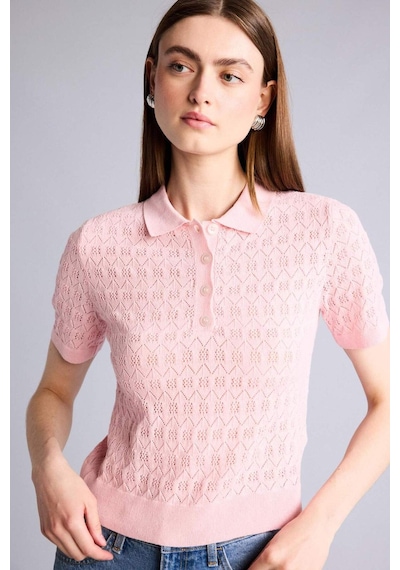 Defacto Regular Fıt Polo Yaka Dantelli Tişört H7297ax26sppn1 Pembe-pn1