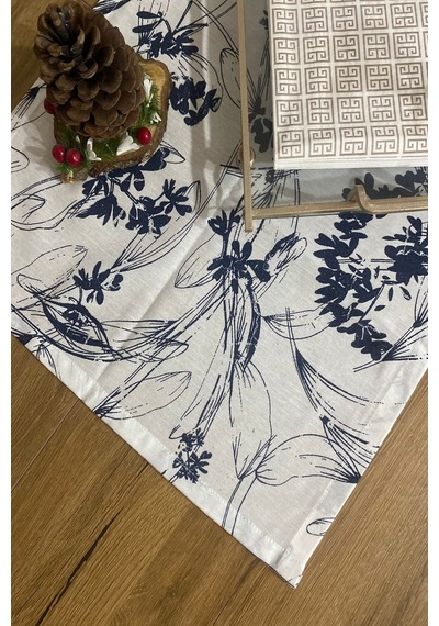40x150 Lacivert Çiçekli İnce Keten Dekoratif Runner