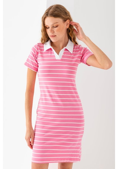 Giysa Kadın Polo Yaka Kısa Kollu Çizgili Elbise Pembe Beyaz - 25538 Pembe - Beyaz