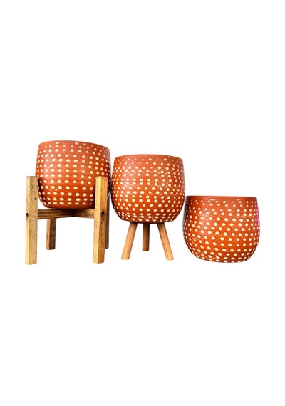 Bitki Tasarımı Nokta Desenli Terakota Saksı & Saksılık Dekoratif Salon Çiçekliği 3'lü Set 15 Cm