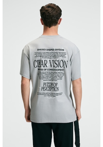 Grımelange FEAST Erkek %100 Pamuk Oversize Fit Baskılı Kısa Kollu Yuvarlak Yakalı Açık Gri T-Shirt