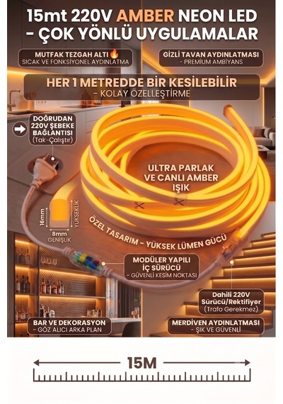 15 Metre Amber 220v Neon Led Şerit ,tak Çalıştır Set, Fişli Esnek Şerit Led, ,turuncu Led,mutfak,tezgah Ledi, Neon Led Şerit Işık ,ambiyans Işık Havuzu, Balkon, Teras Ve Ev İçin Dekoratif Led