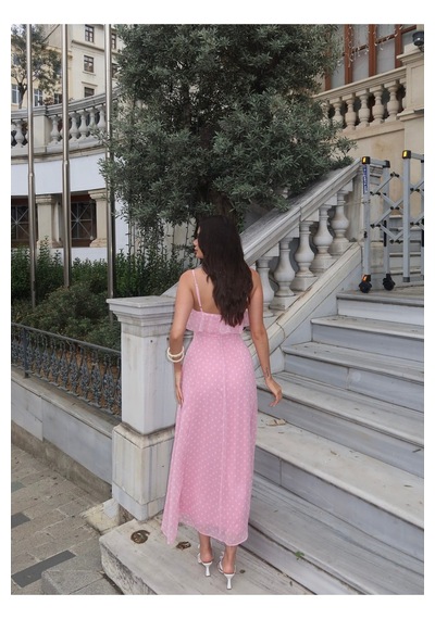 Kechi Woman Şifon Astarlı Puantiyeli Askılı Elbise Pembe