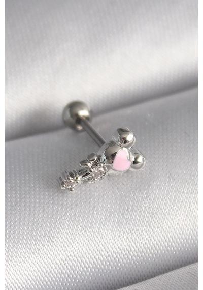 Bay 316l Çelik Gümüş Renk Zirkon Taş Detay Pembe Kalp İşleme Tragus Piercing Najmaddin Standart