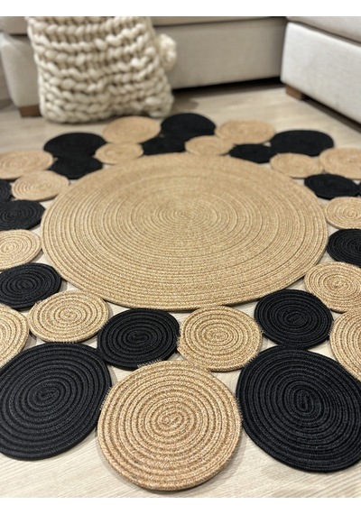 Mavaux Hasır Jüt Çiçek Desenli Kilim Halı Siyah - Hasır