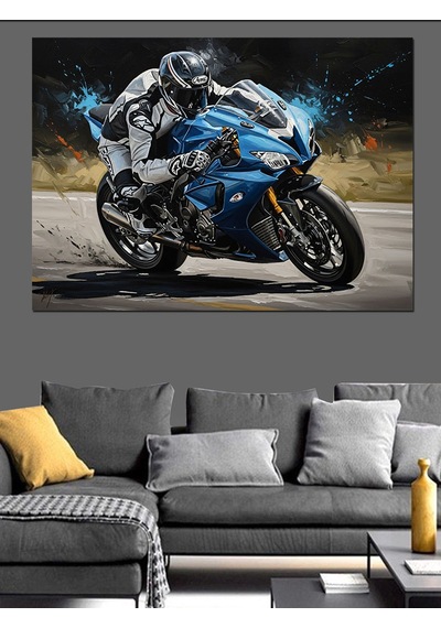 Gece Işıklı Hızlı Spor Motosiklet Dekoratif Kanvas - Mdf Ahşap Tablo