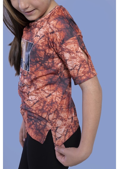 Toontoy Kız Çocuk 2'li Takım Baskılı Bisiklet Yaka T-shirt & Basic Düz Tayt - Yırtmaç Detaylı - Bağcıklı Turuncu
