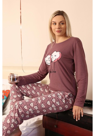 Akbeniz Kadın Penye Uzun Kol Pijama Takım 4187 - M Mürdüm