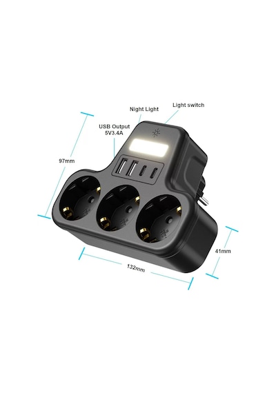 Çoklu Gece Lambalı Priz Yüksek Gerilim Korumalı 3'lü Priz 2xusb 2xtype-c Çıkışlı Grup Priz Çoğaltıcı 2 M