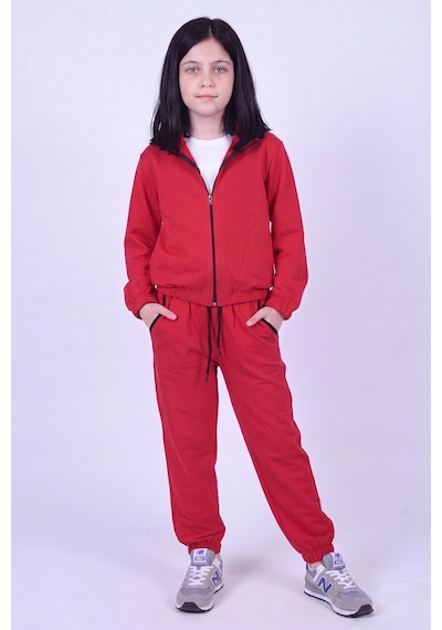 Panios Kids Kız Çocuk Dik Yaka Fermuarlı Beli Bağcıklı Lastik Paça Eşofman Takımı Kırmızı