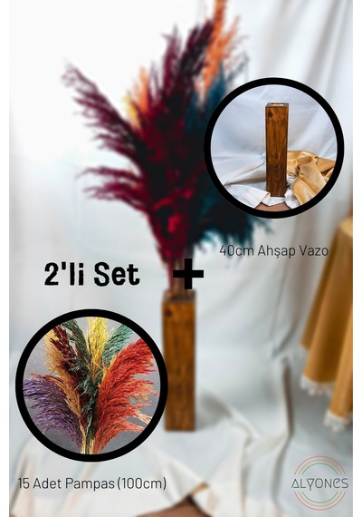 Alyones 2'li Set Dekoratif Ahşap Vazo Ve 15'li Karışık Renk Pampas