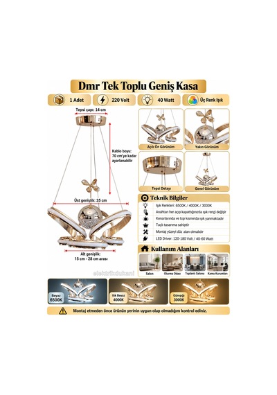 Dmr Tek Toplu Taçlı Geniş Kasa Altın Gold Şerit Sarkıt Led Avize Üç Renk 40w 6500k/4000k/3000k Be Çok Renkli