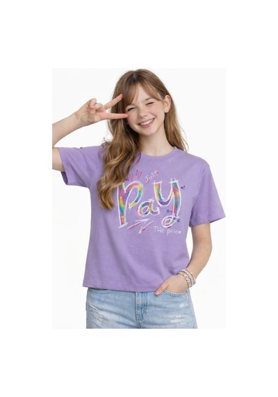 Irem Kız Çocuk Pay Price Yazı Desenli Crop Model Oversize Kalıp Lila Renk Kısa Kollu Tişört Irem Kız Çocuk Pay Price Yazı Desenli Crop Model Oversize Kalıp Lila Renk Kısa Kollu Tişört
