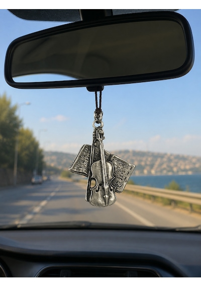 Keman Ve Nota Figürlü Metal Araba Dikiz Aynası Süsü Müzik Temalı Oto Aksesuarı