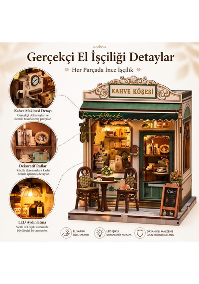 Kahve Köşesi Nook Book Mini Book Nook Dıy Kit Kendin Yap Led Işıklı Ahşap Minyatür Kitap Köşesi