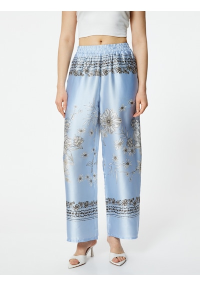 Koton Bol Paça Pantolon Çiçekli Saten Beli Lastikli Mavi Desenli 4sak40067uw Mavi