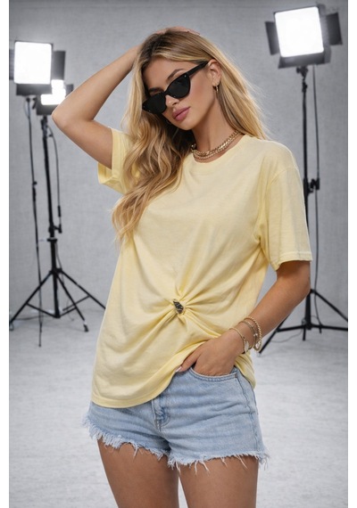 Ribana Kadın Bisiklet Yaka Kısa Kollu Gold Yan Toka Detaylı T-shirt 5035 Sarı