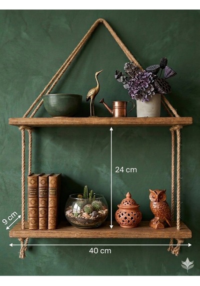 Rüstik Halatlı Ahşap Raf 2 Li Duvar Rafı 40x9 Cm Doğal Tasarım Hazır Kurulu Kahverengi