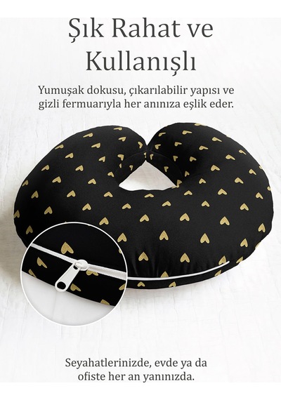Altın Kalp Desenli Ergonomik Boyun Yastığı - Şık Siyah Altın Yumuşak Seyahat Yastığı Canlı Göl Gece