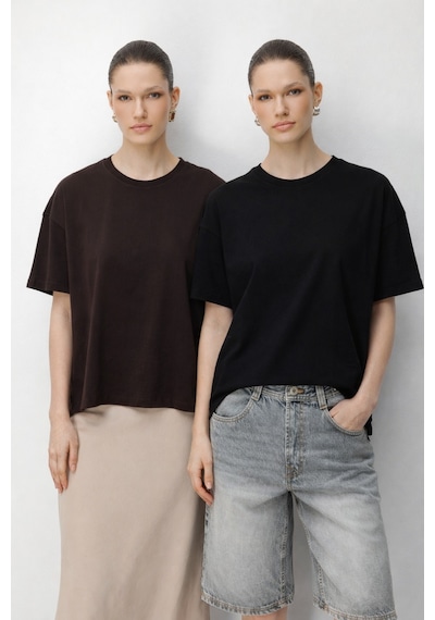 Mixray 48522 Kadın Yırtmaçlı Oversize Basic %100 Pamuk 2 Li T-shirt Kahve Siyah Kahve Siyah