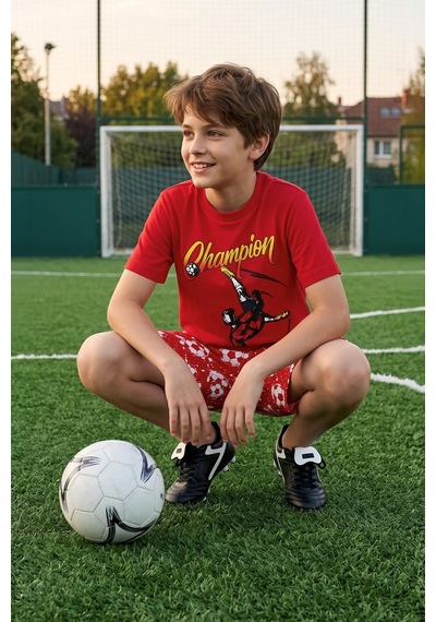 Zuzunga Erkek Çocuk Champion Futbol Baskılı Şort Alt - Üst Takım Kırmızı - Beyaz