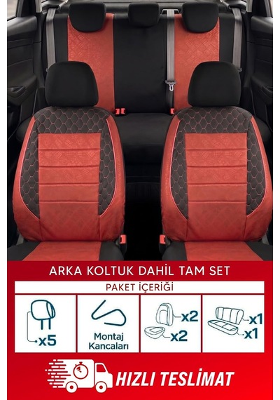 Gof Serisi Universal Oto Koltuk Kılıfı Tam Set Kırmızı