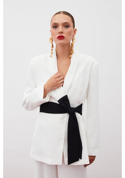 Sateen Beli Kuşaklı Uzun Ceket - Ekru