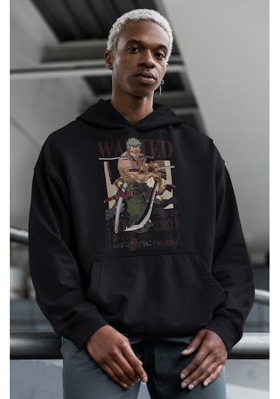 Sevbano Wanted Roronoa Zoro Baskılı Unisex Oversize One Piece Anime Hoodi Siyah