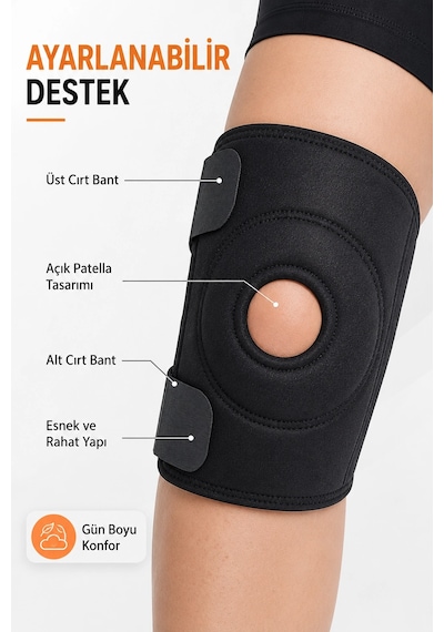 Açık Patella Destekli Dizlik Ayarlanabilir Cırtlı Spor Diz Bandajı Koruyucu Ortez Siyah