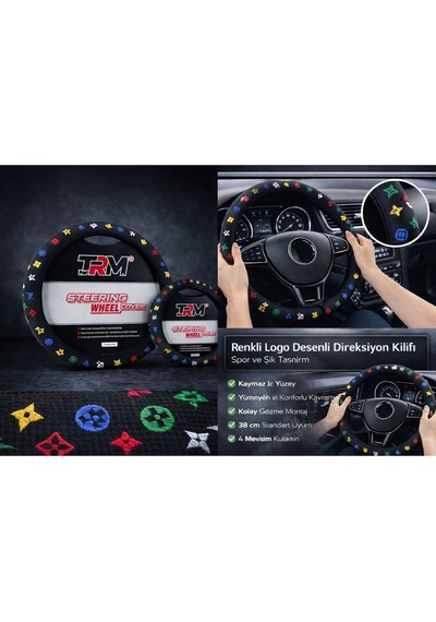 Logo Desenli Direksiyon Kılıfı -38 Cm - Spor Şık Tasarım Çok Renkli