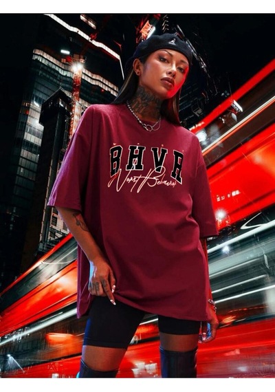 Flood Of Style Kadın Bordo Bhvr Baskılı Oversize Bisiklet Yaka Tişört