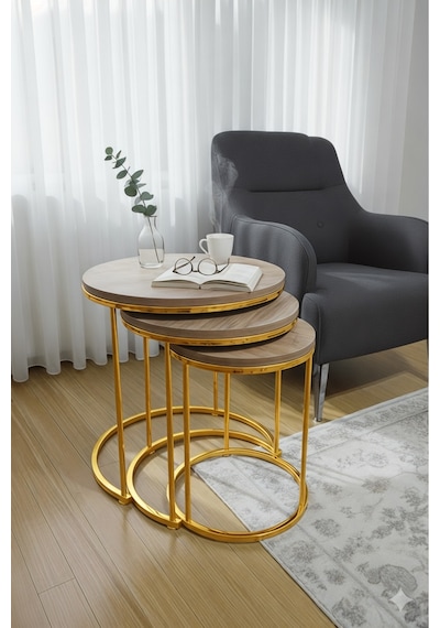 Usta Mekan 3'lü Parlak Gold Ayak Antik Çam Tabla Zigon Servis Salon Sehpa Gold - Ahşap
