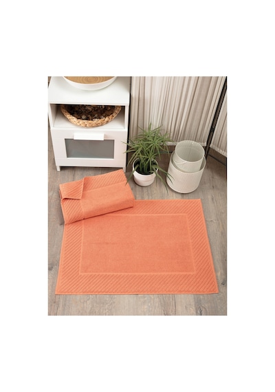 Buççin Online Mağaza 2'li Diyagonal Çizgili Ayak Havlusu Seti - %100 Pamuk Havlu Takımı - 50x70 Cm - Kiremit Pamuk Turunc Çok Renkli