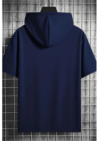Tarz Cool Erkek Oversize Kısa Kollu Kapüşonlu Tişört Sweatshirt Lacivert