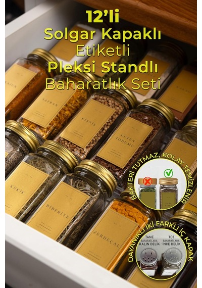 Şeffaf Pleksi Standlı 12'li Cam Baharatlık Seti, Gold Kapak Ve Etiketli Baharatlık Takımı Mh02gld12 Çok Renkli