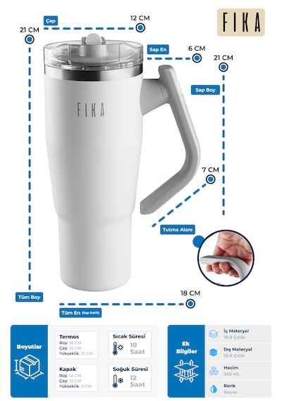 Fika Lumi Patentli Döner Kulplu Sızdırmaz Çift Ağızlıklı Çelik Termos 950 Ml Beyaz