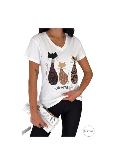 Cassime Kadın Beyaz V Yaka Kedi Leopar Pul Payet İşlemeli %100 Pamuk Tişört Büyük Beden Xl-2xl-3xl Cassime Kadın Beyaz V Yaka Kedi Leopar Pul Payet İşlemeli %100 Pamuk Tişört Büyük Beden Xl-2xl-3xl