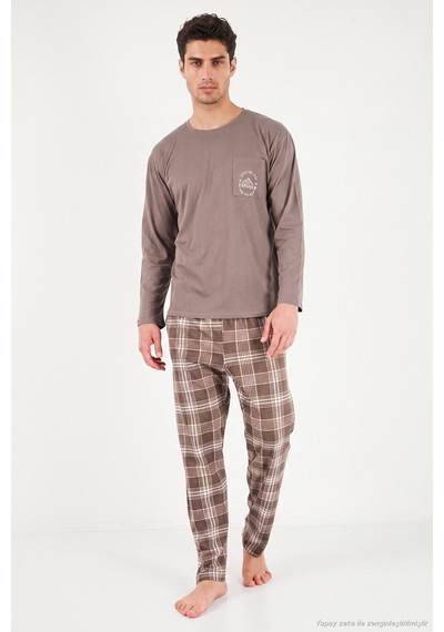 Buratti Ekoseli Pamuklu Bisiklet Yaka Pijama Takımı Erkek Pijama Takımı 6575007 Kahve