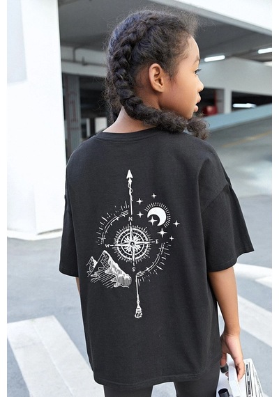 Uyguntarz Çocuk Pusula Baskılı Pamuklu Tshirt Siyah