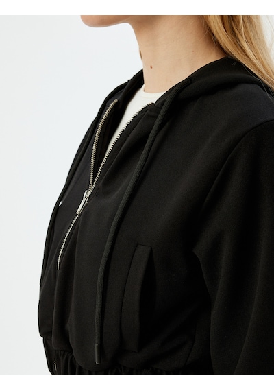 Koton Krep Scuba Kumaş Bomber Crop Fermuarlı Sweatshirt Siyah 5wak10045ek