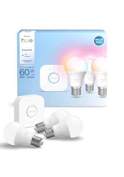 Philips Hue Essential 3'lü E27 Ampul Başlangıç Seti 806 Lumen, Hue Bridge Dahil Çok Renkli Philips Hue Essential 3'lü E27 Ampul Başlangıç Seti 806 Lumen, Hue Bridge Dahil Çok Renkli